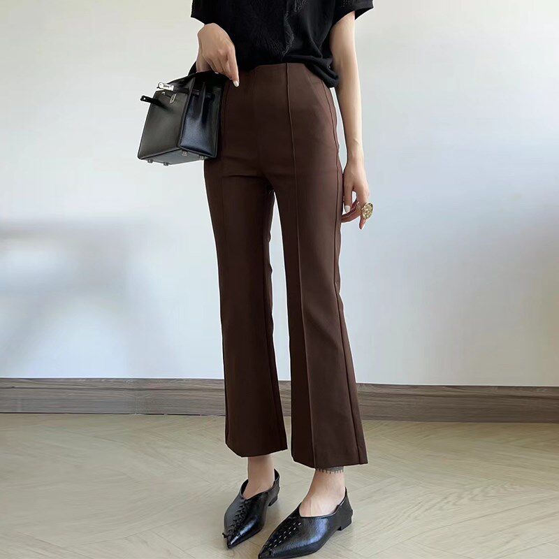 黑色微喇裤女小个子早秋中线鱼骨九分裤高腰显瘦高级感休闲西装裤