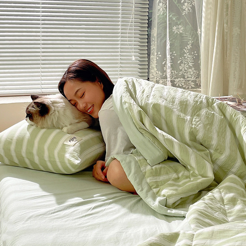 全棉夏凉被四件套水洗纯棉空调被夏季薄款双人春秋被子a类可机洗