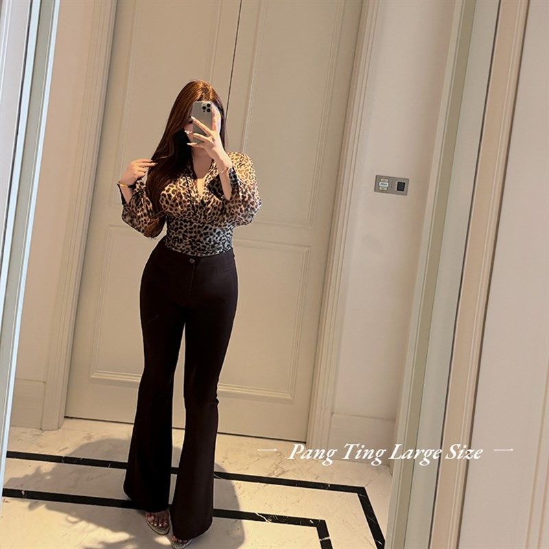 胖婷大码定制胖mm长腿必杀技春夏弹力高腰显瘦双色微喇西裤女