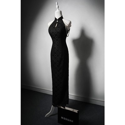 MISSQIAN 复古挂脖黑旗袍冷艳气质比赛舞会演出晨袍连衣裙晚礼服