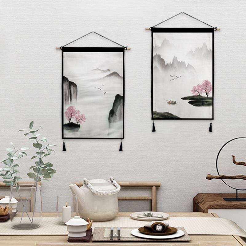 新中式山水布艺挂画装饰画电表箱遮挡禅意背景布民宿装修定制图片