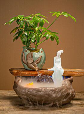 式流水件招财中水车家居办摆缸公HYY20101室桌面小型鱼装饰开 业