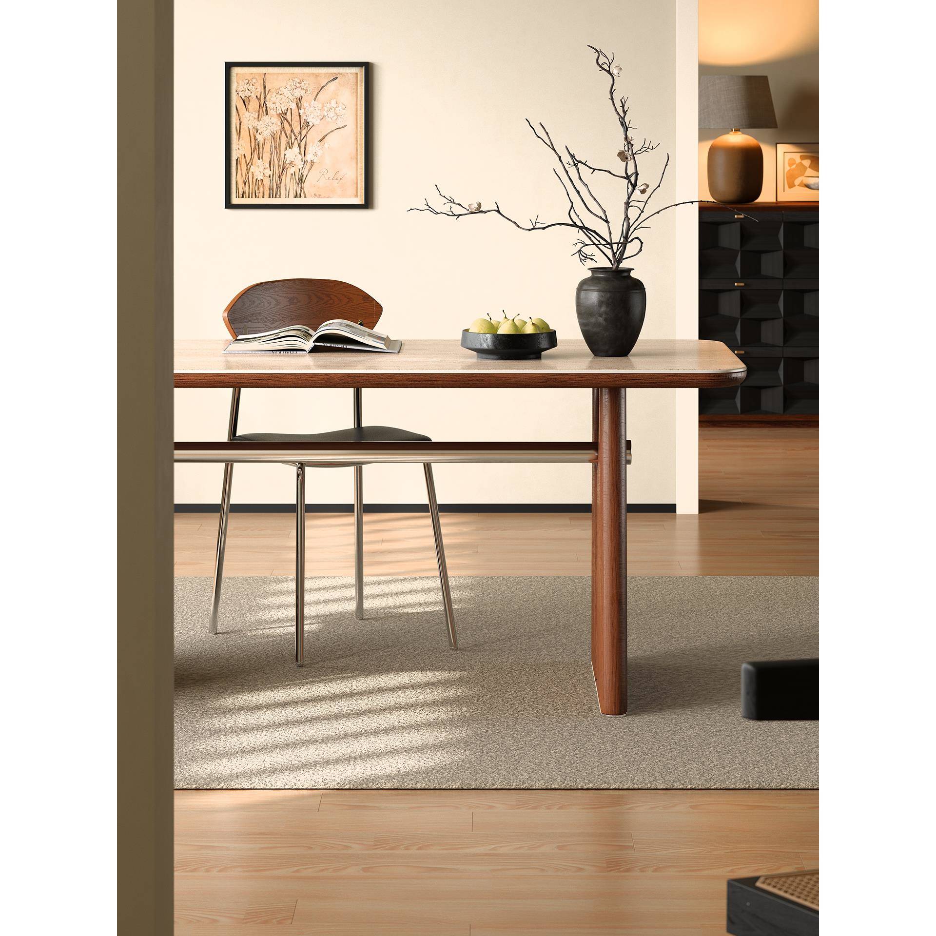 木制小7540咖啡世灰木不纪锈家庭钢小公寓实木中餐桌胡桃色石灰华