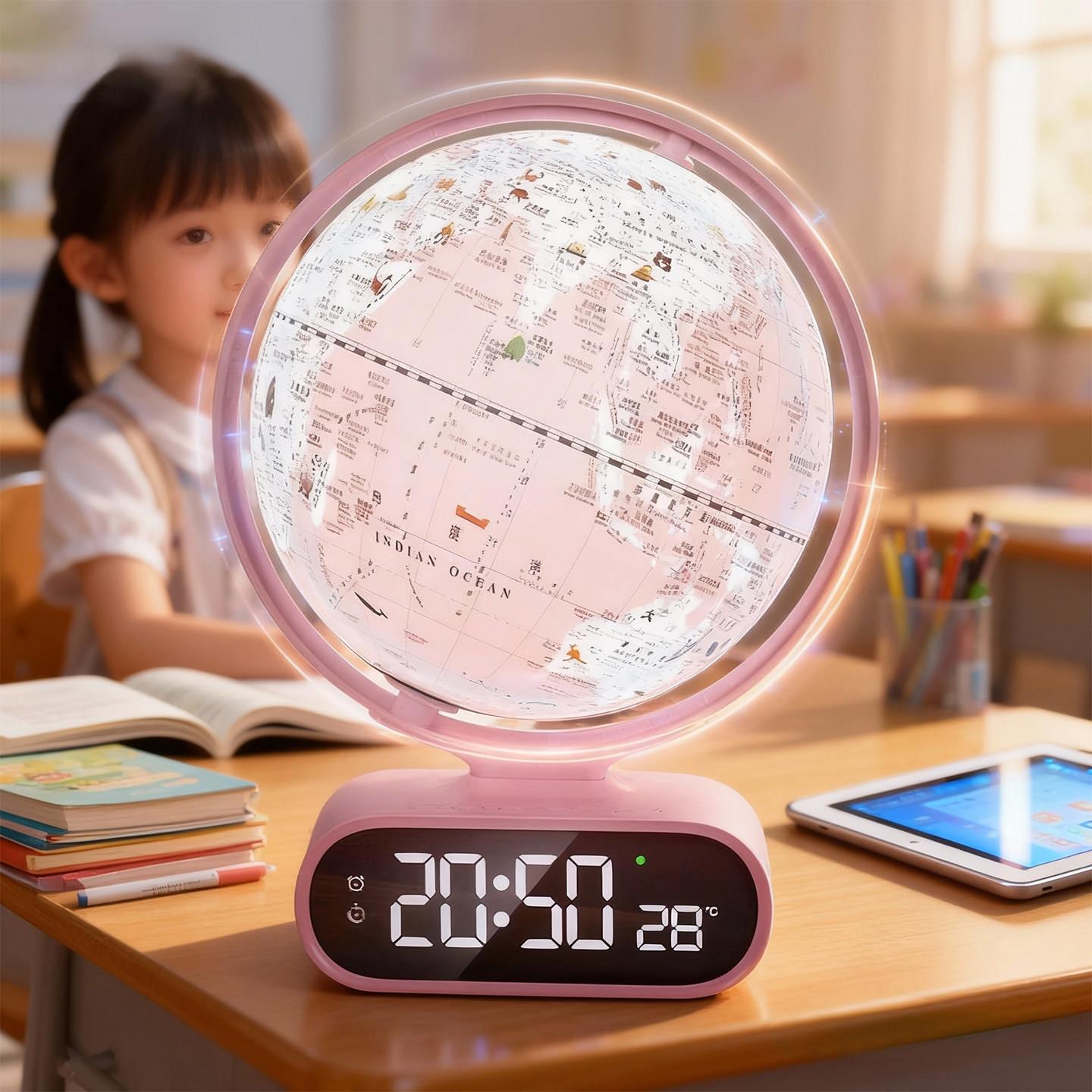 会说的地球仪闹学生儿童sjglq001话学习用品钟粉夜光色数字显示创