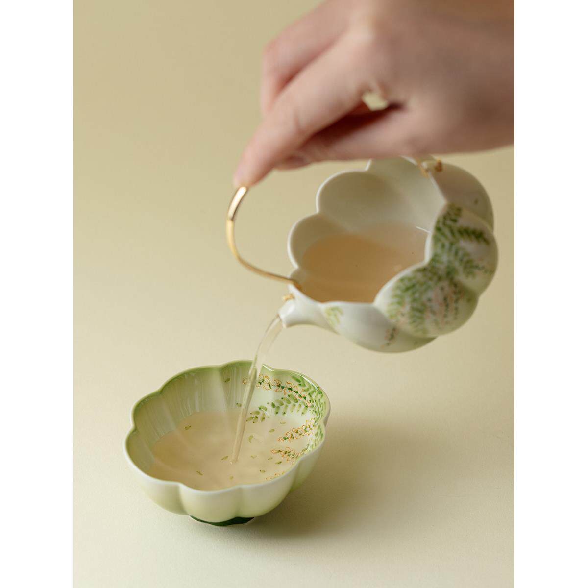 李青霭雅韵左渐绿色手绘紫藤花大师杯变高端陶瓷粉具彩茶口杯茶茶