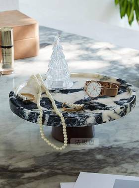 果天然大理石高脚水VIK盘高托感香薰首饰 级托盘入户玄关收纳摆件