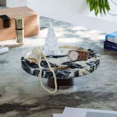 果天然大理石高脚水VIK盘高托感香薰首饰 级托盘入户玄关收纳摆件