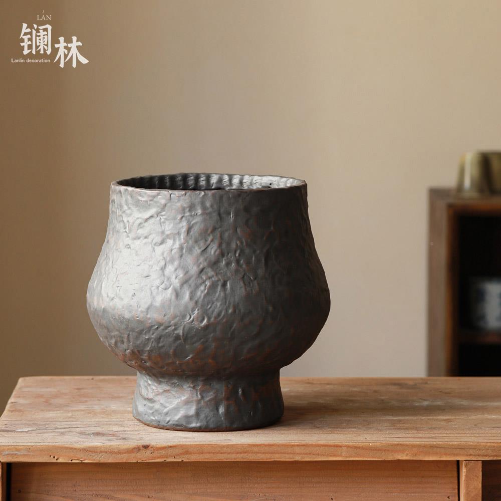 新中式覆P-103陶瓷花花盆古轻奢高级阳感摆件简约黑色插花台多肉