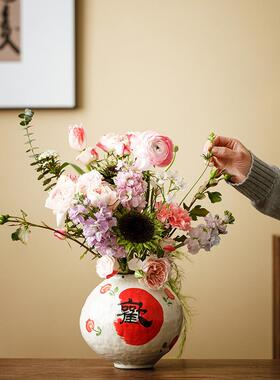 景德镇手绘陶中瓷花瓶新年IBO装饰瓶福子国风水培养盆鲜花桌栽面