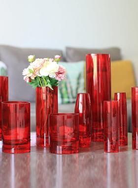 红色玻璃花瓶号富贵直竹筒MWK现代简婚庆装饰鲜花花大约器结婚礼