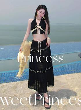 【暗女高级两件式HPE泳衣三件套边度】假穿搭黑神氛围感长裙