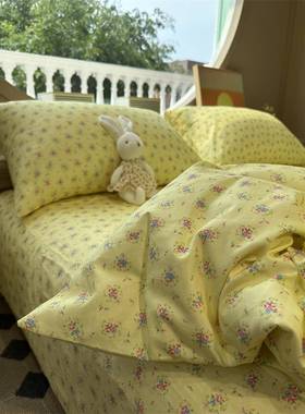 韩系黄OWI田园小碎花床上四件全棉1.5m套1.8奶宿舍被套三件式床色