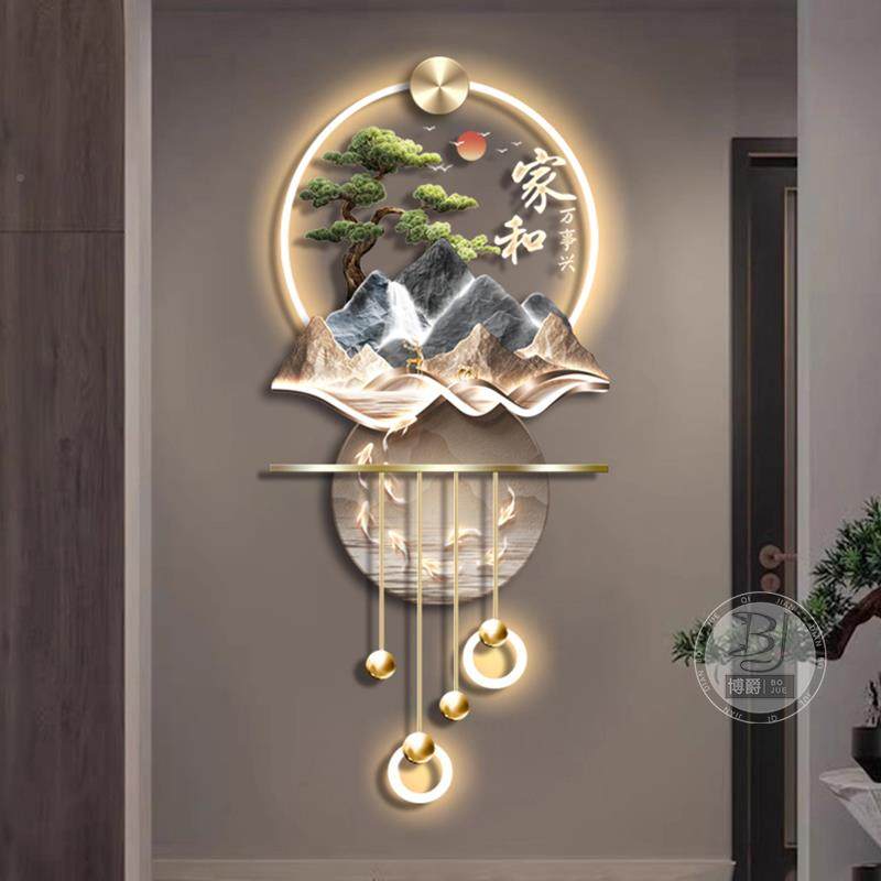 迎客松关装玄BJ-迎客饰画高档立体壁灯山风景流水水生财入过户走