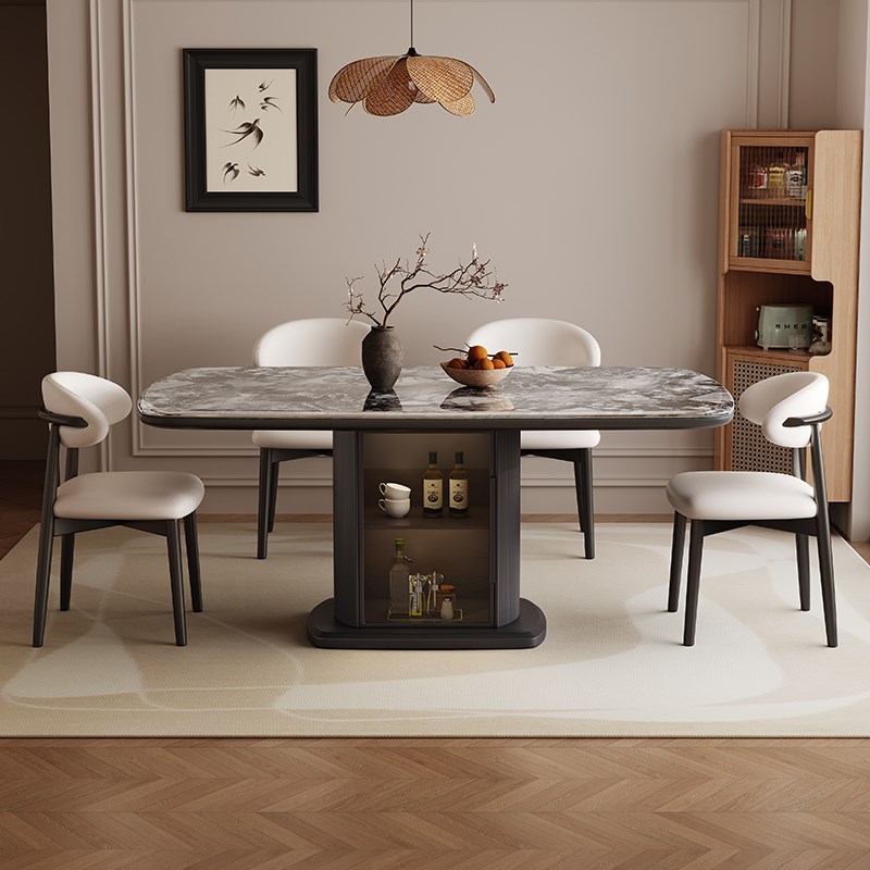 实木微晶石桌子现代简约家用小户型F储物大理石长方形餐桌椅组合
