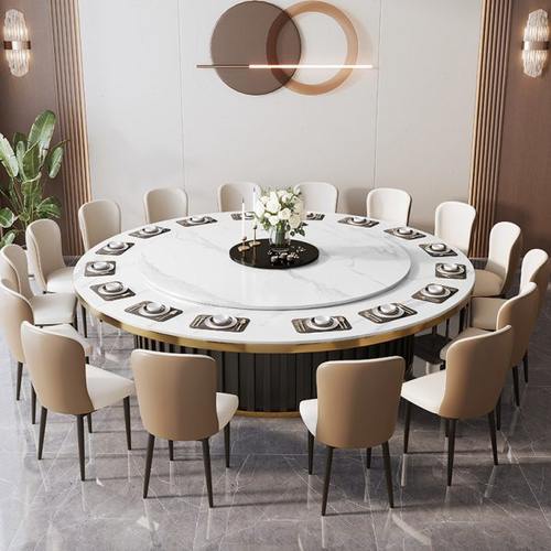 岩板酒店电动大圆桌大理石饭店餐桌椅别墅宴会厅轻奢电磁炉火锅桌