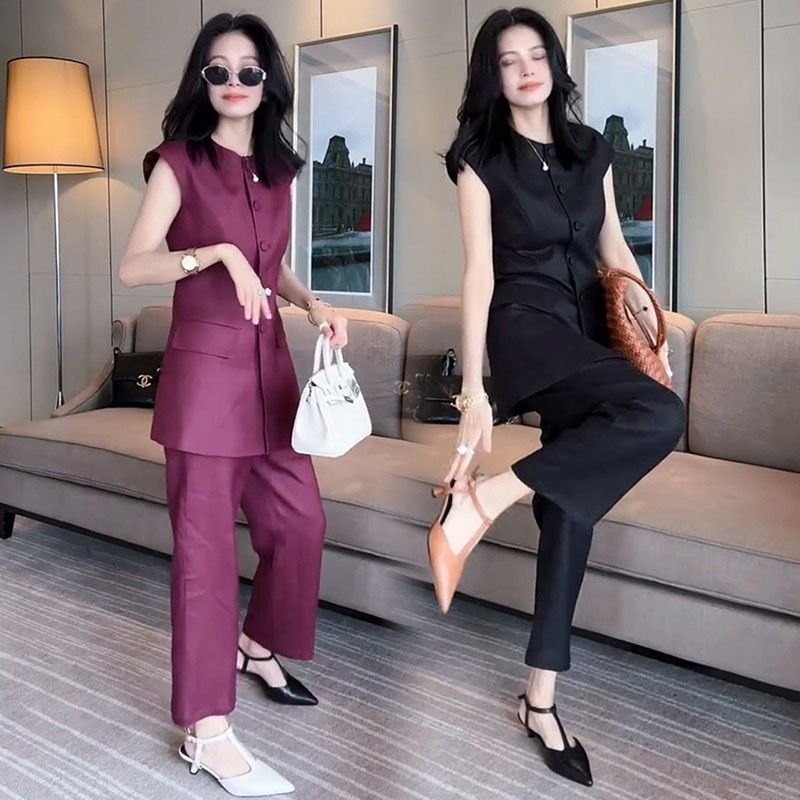 时尚套装女2025夏季洋气高级感显瘦减龄包袖中长马甲阔腿裤两件套