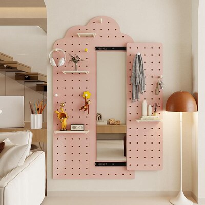 粉色云朵实木洞洞板穿衣镜订制展示架大尺寸玄关入户洞洞墙置物架
