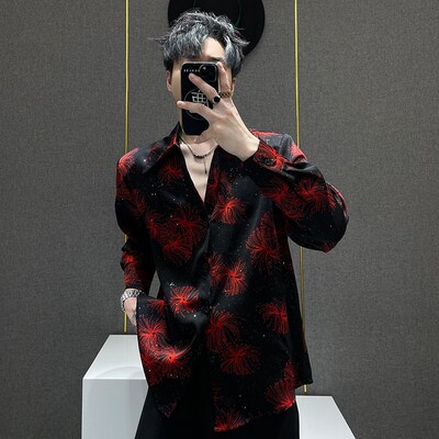 鹿鹿 满天星印花衬衫男士insA韩版高级感烫金大尖领垫肩长袖衬衣
