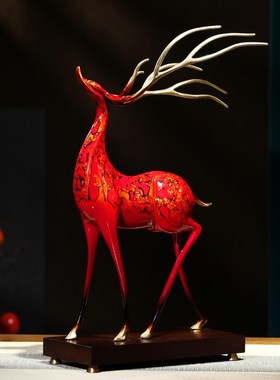 福禄双全铜鹿摆件一对大漆工艺客厅玄关办公室装饰乔迁开业礼物