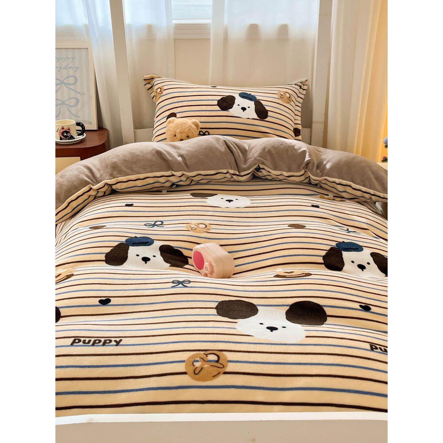 秋冬天牛奶绒男童1件米35床品床笠款件套套1三ACT35床上四儿童男