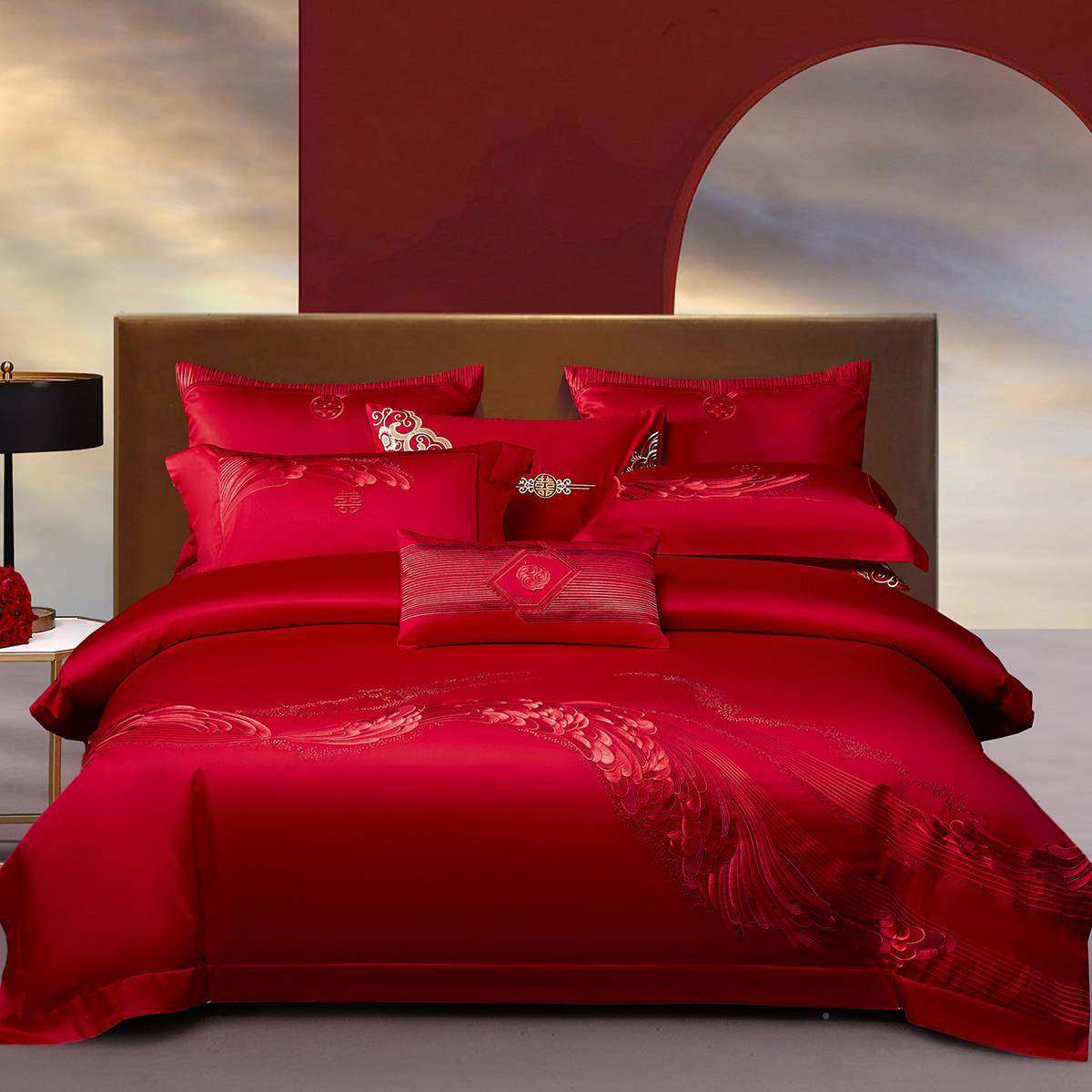 140支QISHI-CP全棉六大红婚庆四件套刺绣结色婚十件床套喜被子婚