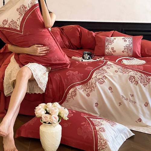 婚庆浪长绒漫件套少女花卉JNT刺绣全棉被套棉结婚床四上用品红色