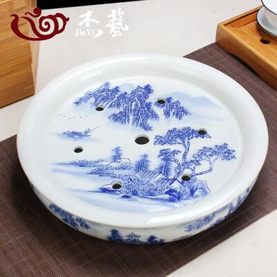 瓷茶盘茶 托盘 茶船圆形台茶座青茶花瓷陶功夫茶具茶盘储水JCPQHC