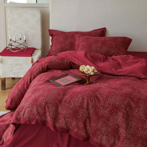 喜至福轻风奢婚庆四床件套全棉色SLA织提来花酒红色结婚被套床单