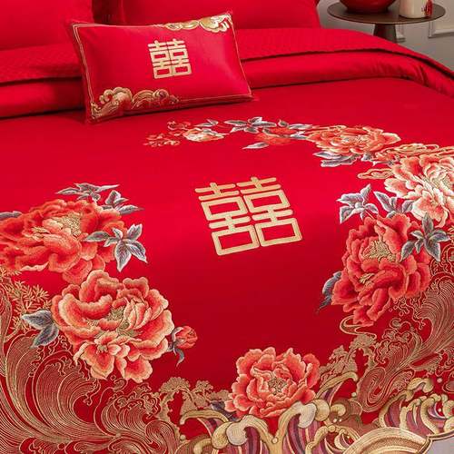 奢华牡刺绣大红VMQ丹高婚庆结婚高端件套四 全棉喜被档陪嫁床上用