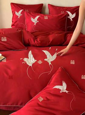 中式110\/8结婚四件新套床红色刺绣婚庆被套陪嫁婚房新婚床上用单