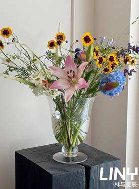 林与/高透玻璃2541大号花瓶鲜摆花家居装饰ins风花假法式真中古浪