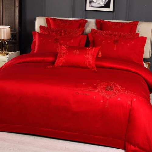 140支棉简约婚红庆四YAMU-QPX件组大色结婚十六件套婚礼床上用品