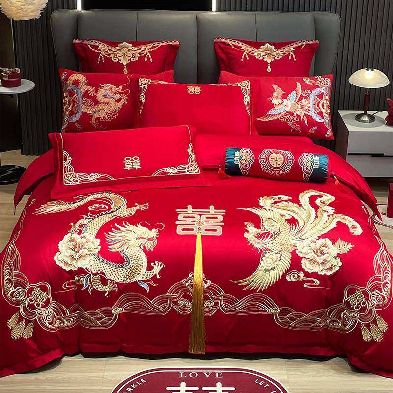婚庆四件套大红刺婚龙绣凤结房礼六床件套上用品喜D庆新婚被套绣