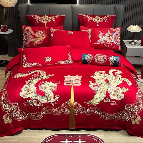 婚庆四件套大红刺婚龙绣凤结房礼六床件套上用品喜D庆新婚被套绣