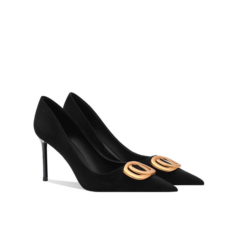 黑色尖头高跟鞋女绒面2025春秋新款金属扣浅口细跟单鞋百搭不累脚