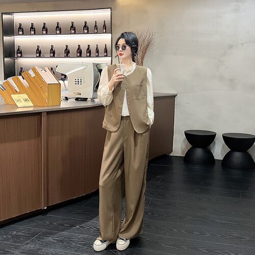 加肥口袋马甲长袖衬衫阔s腿长裤三件套胖妹妹韩版时尚洋气显瘦显