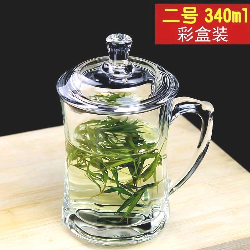 玻璃透明泡茶g杯有盖子加厚水杯家用带把口杯把手中式茶饮带盖杯