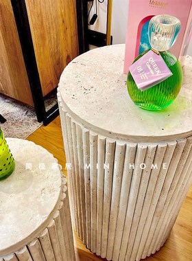 天然黄洞大理石开槽圆柱装饰摆件雕塑落地底座展示台立柱子石墩子