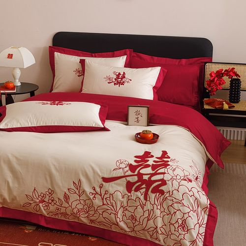 高档中式结婚四件套大红色新婚陪嫁被套婚庆床上用品婚房备婚喜被