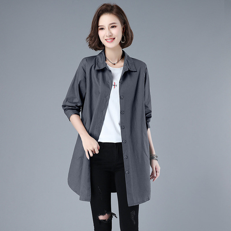 纯棉衬衫女长袖2024年秋u装新款韩版中长款宽松大码女士遮肉风衣