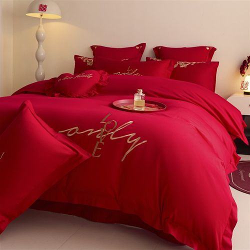 简约刺绣结婚四件套新婚庆纯棉红色陪嫁被套床单喜被床上用品备婚
