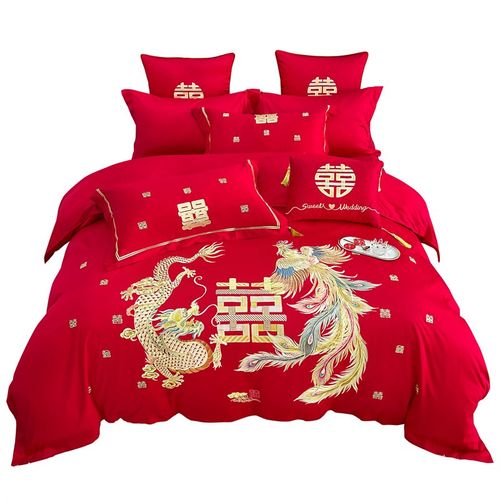 100支长绒棉婚庆四件套全棉刺绣纯棉大红色婚房龙凤结婚床上用品4