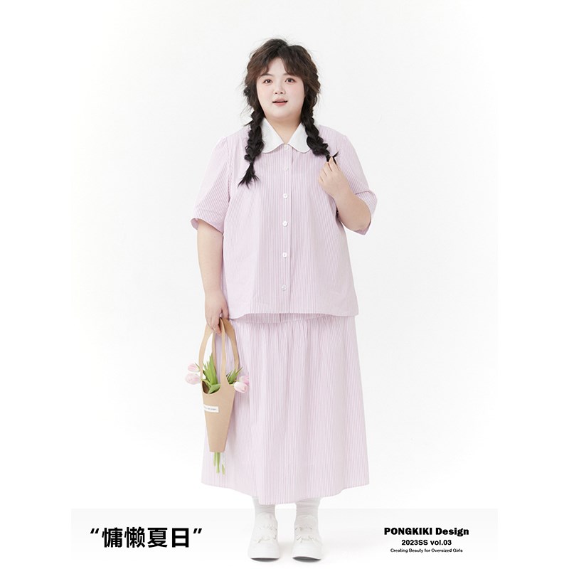 老章和小胖PONGKIKI大码两件套女夏季胖mm宽松显瘦粉色条纹套装