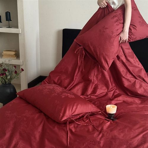 简约100S长绒棉提花结婚四件套红色全棉床单被套纯棉婚嫁床上用品