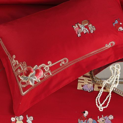 高档全棉大红床上用品纯棉中式婚庆四件套百子图刺绣喜庆结婚套件