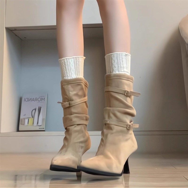 气质显瘦尖头细跟皮带扣褶皱堆堆靴弹力短靴女百搭时尚外穿时装靴,女鞋,弹力靴/袜靴,淘宝优惠券,粉丝福利购,淘宝优惠卷