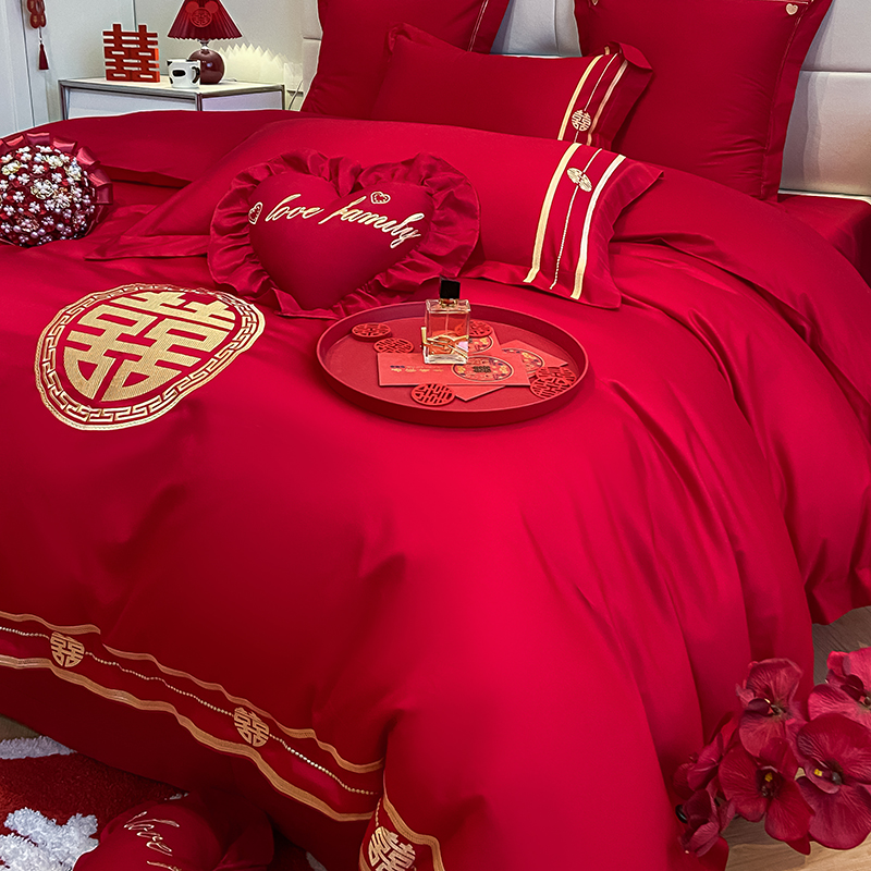 喜庆新婚四件套全棉结婚红色刺绣被套浪漫婚房喜字婚庆床品多件套