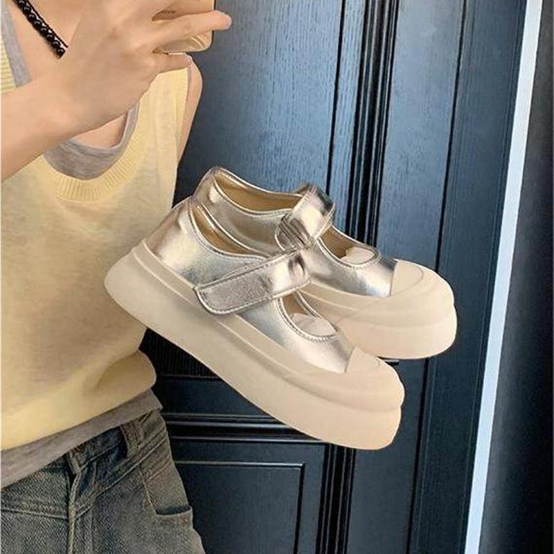 大码女鞋41一g43魔术贴大头松糕厚底增高新款圆头浅口玛丽珍皮鞋