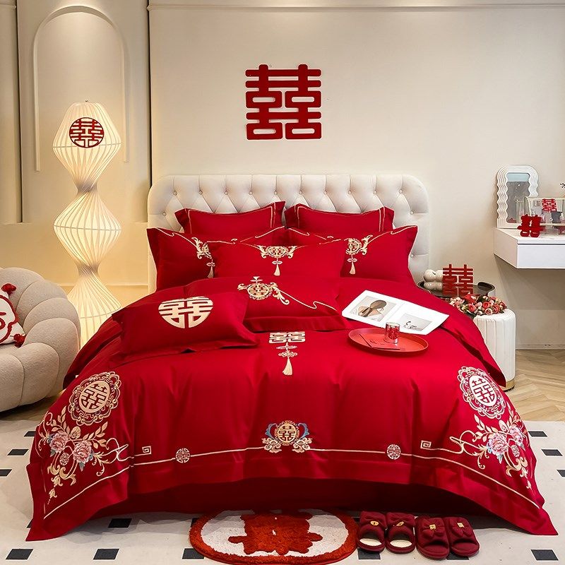 中式婚庆四件套大红色纯棉全棉刺绣喜庆床上用品婚房绣花喜被结婚
