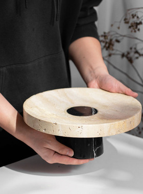 现代侘寂风天然洞石圆形果盘装饰摆件样板间民宿客厅餐桌收纳托盘